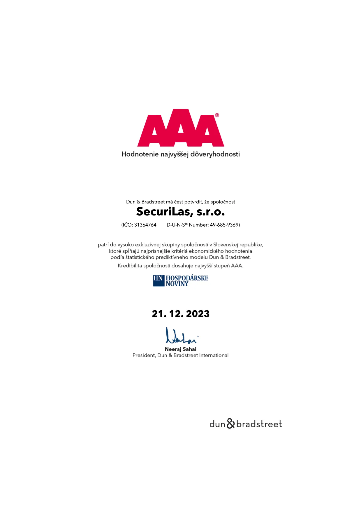 Certifikát – Dun & Bradstreet