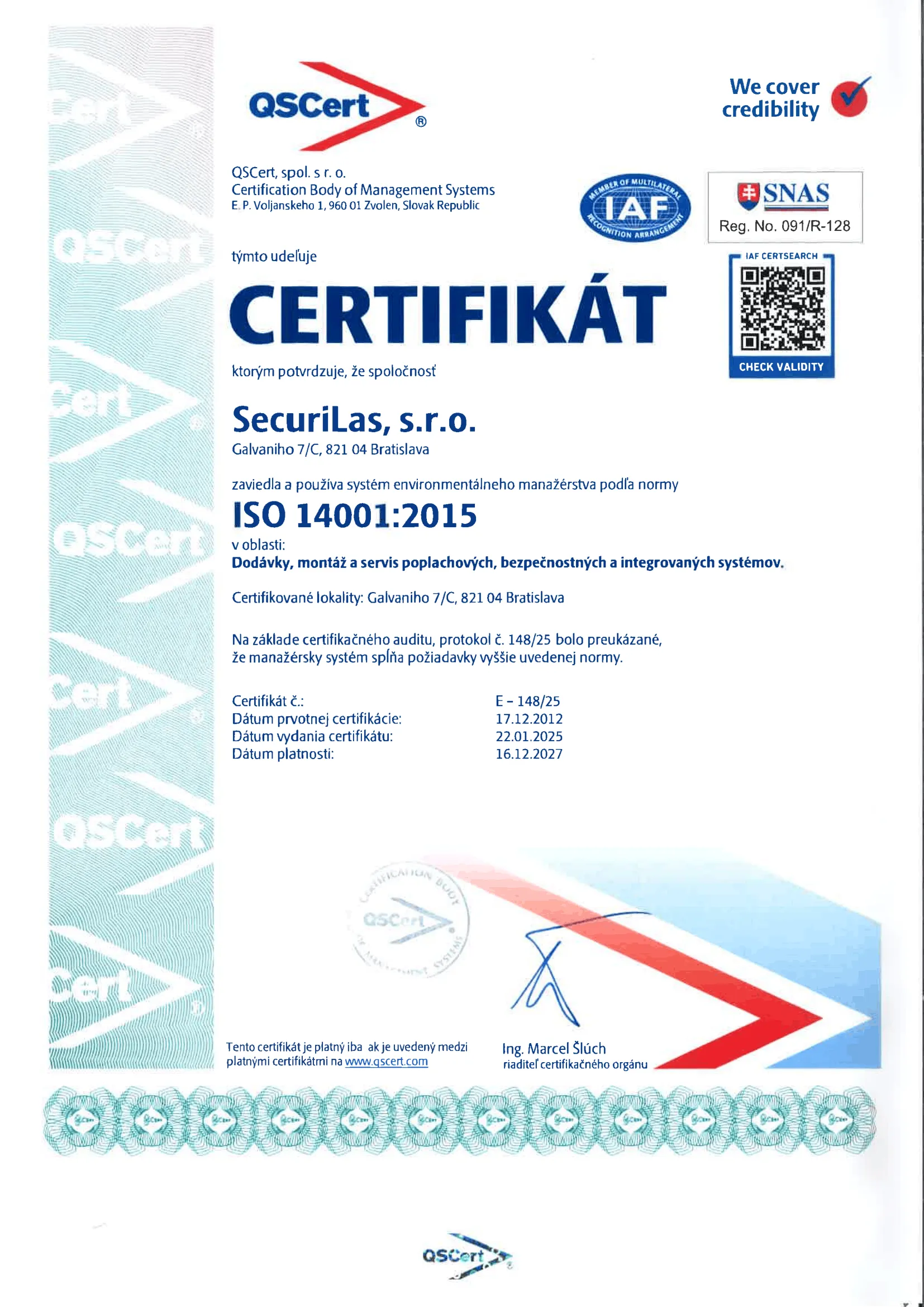 Certifikát – ISO 14001:2015