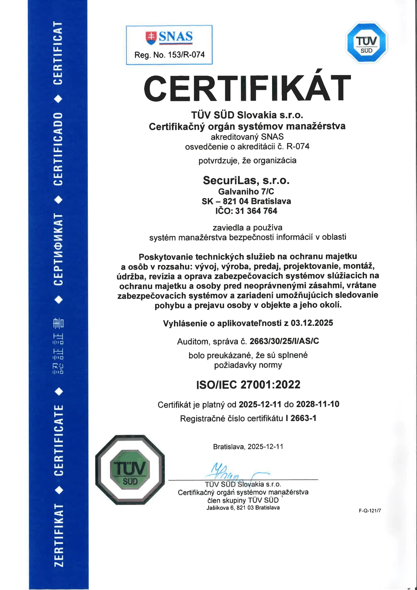 Certifikát – ISO 27001:2022
