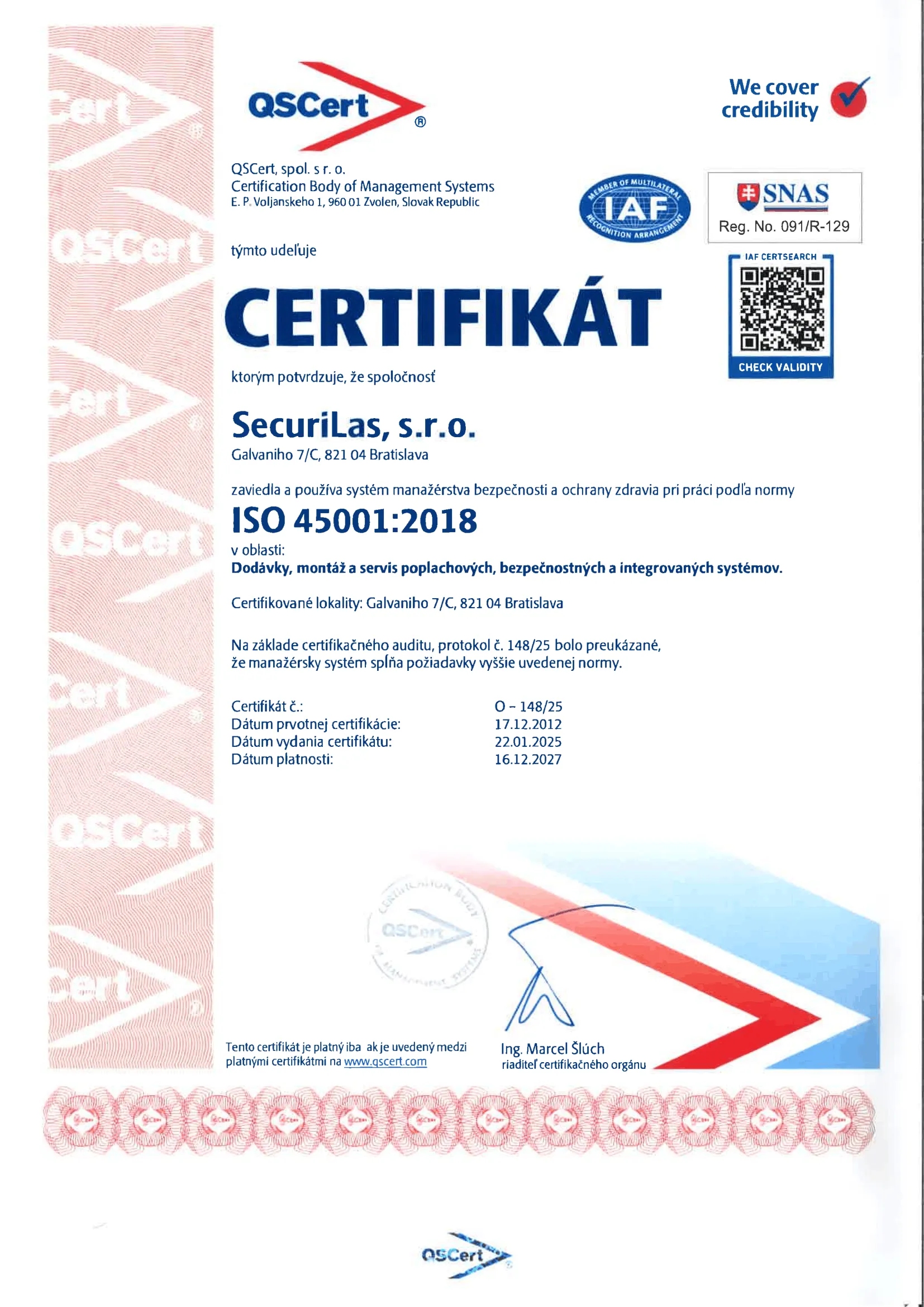 Certifikát – ISO 45001:2018