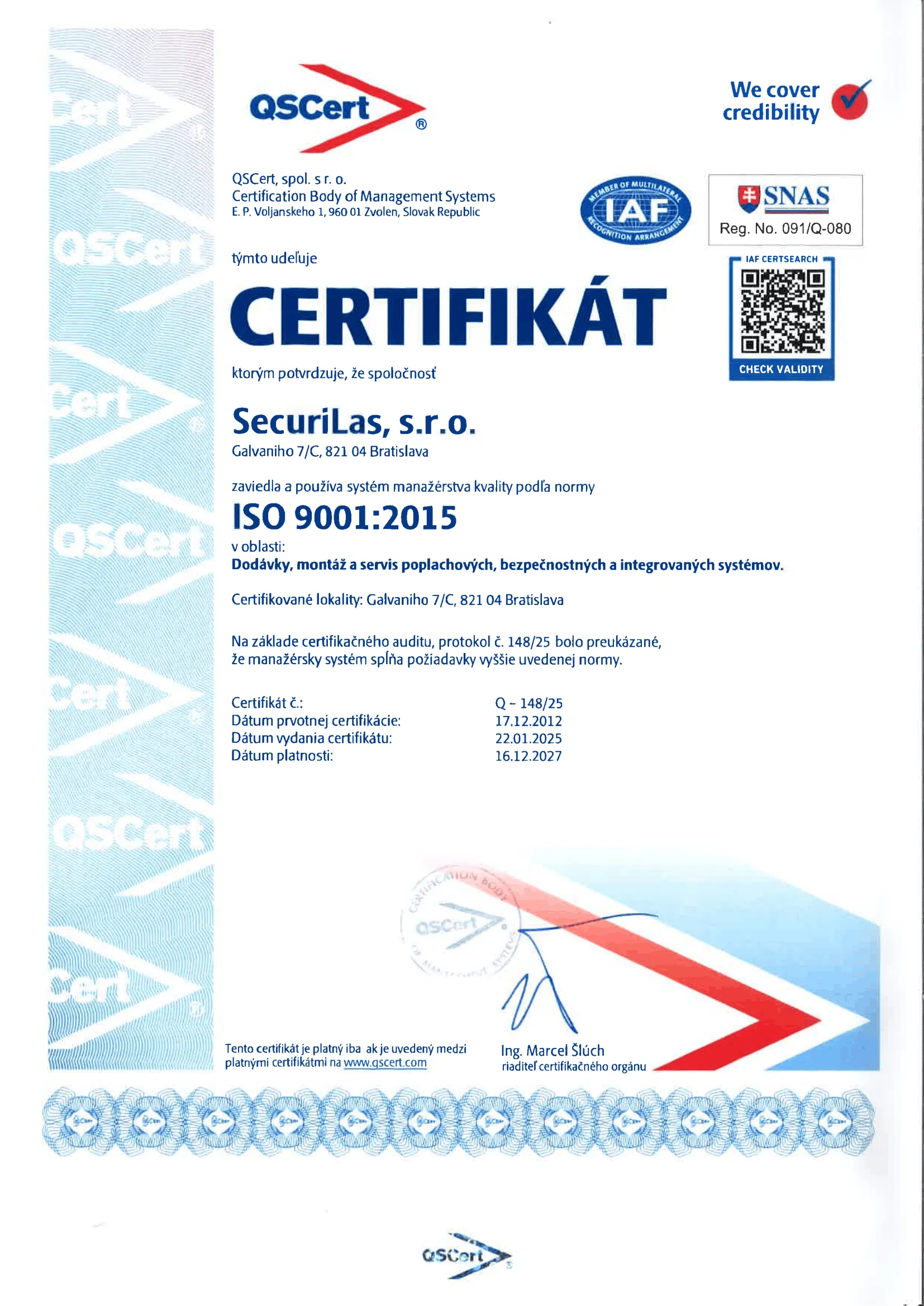 Certifikát – ISO 9001:2015