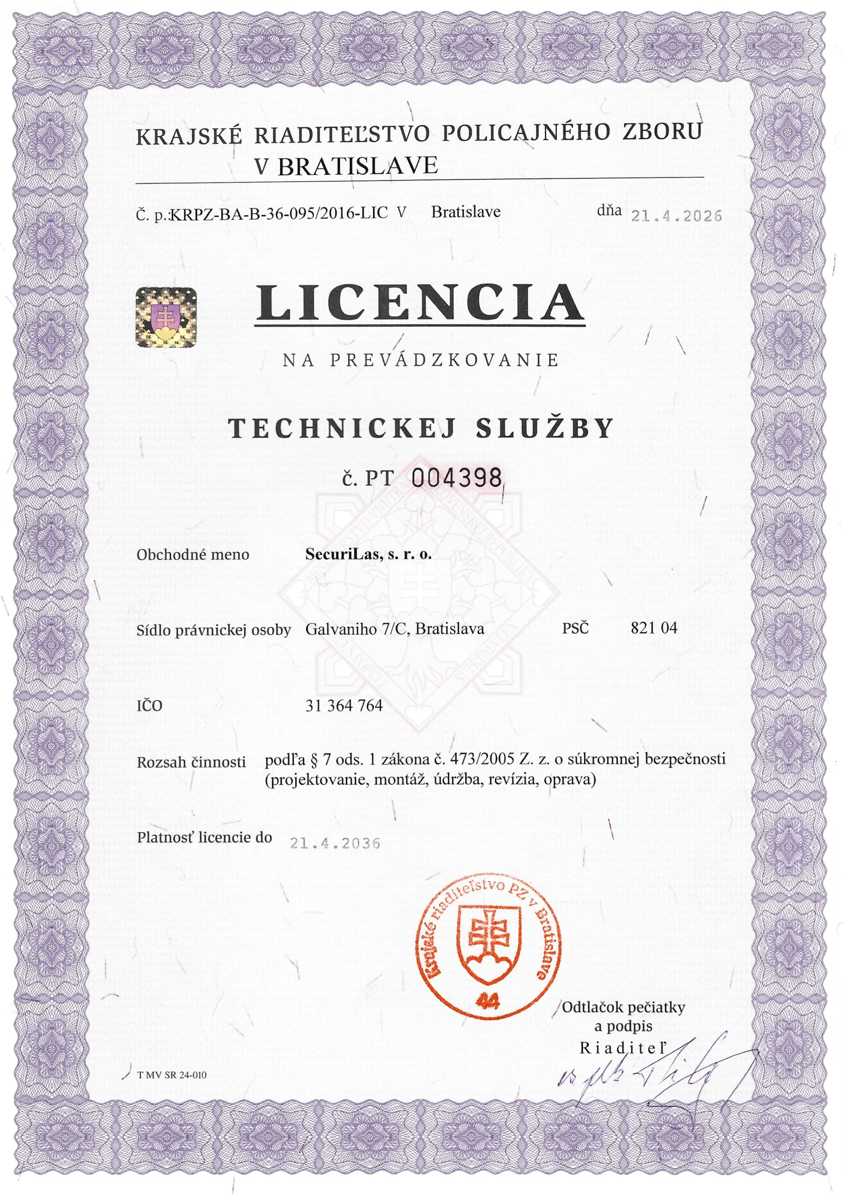 Licencia na prevádzkovanie technickej služby