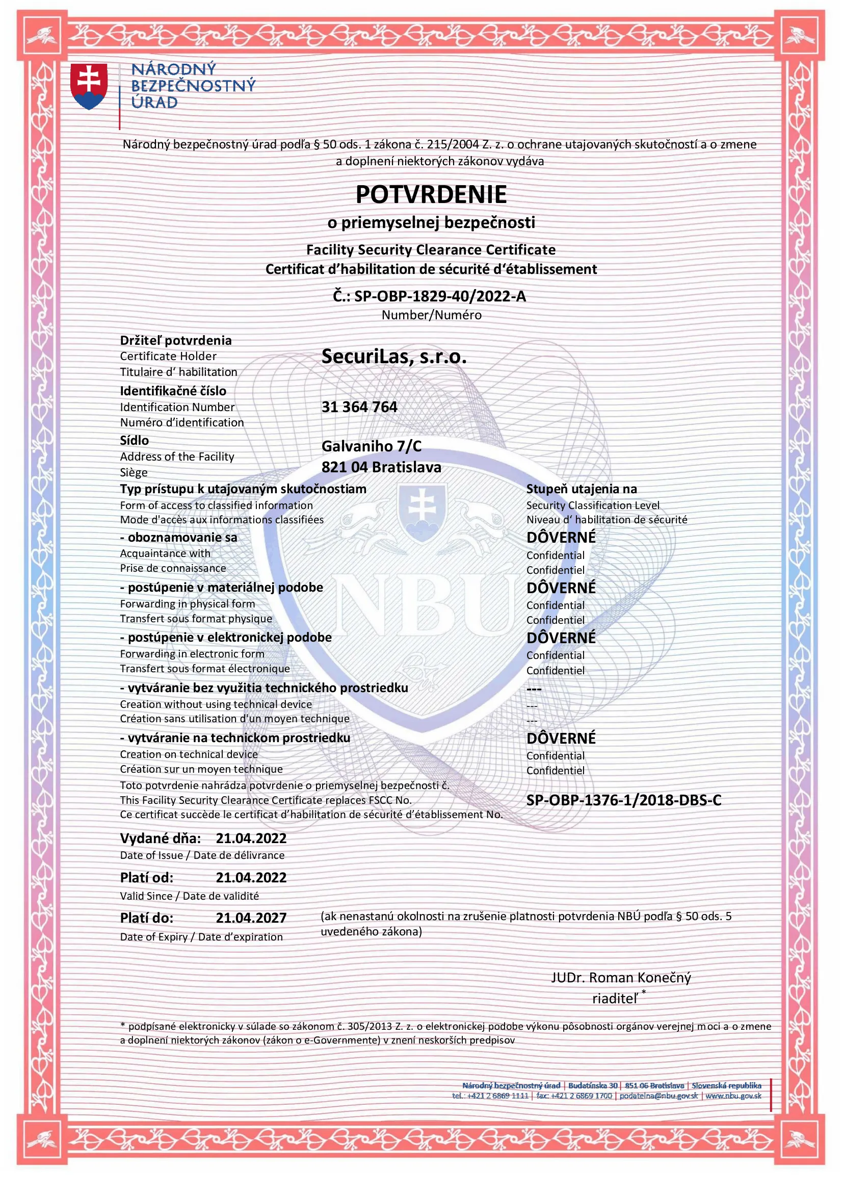 Certifikát – Priemyselná bezpečnosť podnikateľa